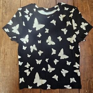 Black and White Butterfly Print Ribbed Cropped Shirt Women Unbranded
